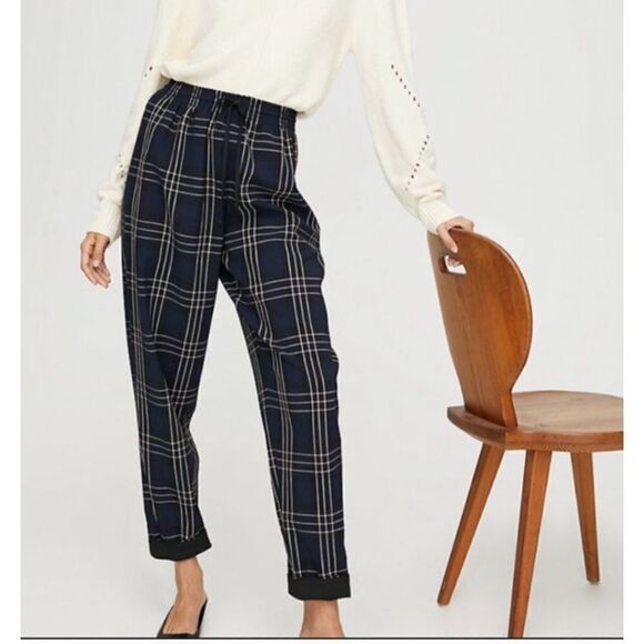 Aritzia Wilfred Blue Plaid High Rise Soleste Pants Size Small Cuffed Windowpane - Picture 12 of 12